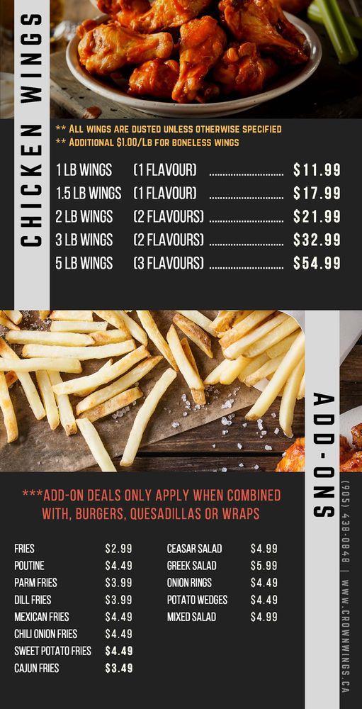 Menu at Crown Wings restaurant, Oshawa
