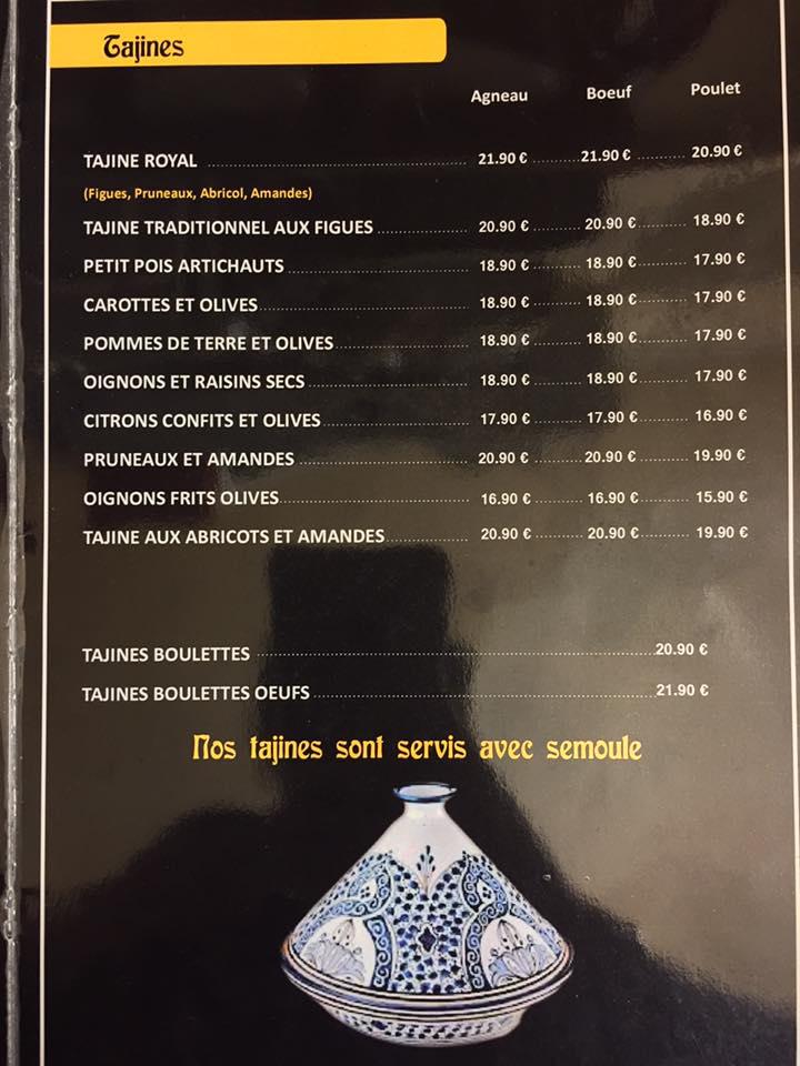 Menu at La Couscousserie restaurant, Quimper