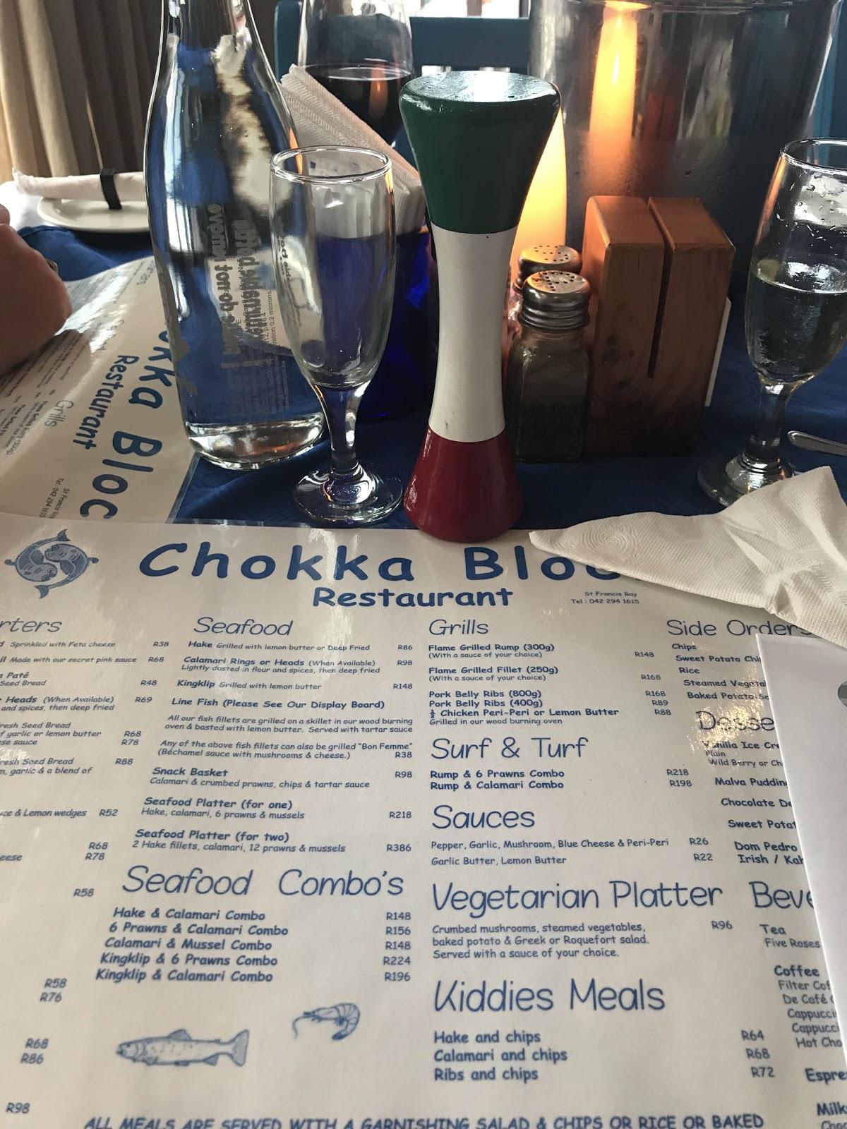 Menu at Chokka Block Restaurant, Saint Francis Bay