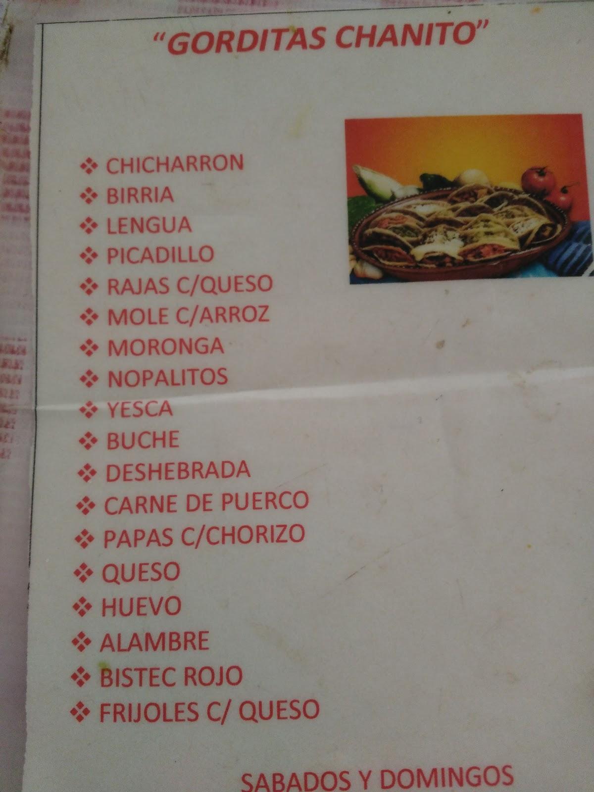 Menu at Gorditas Chanito restaurant, Zacatecas