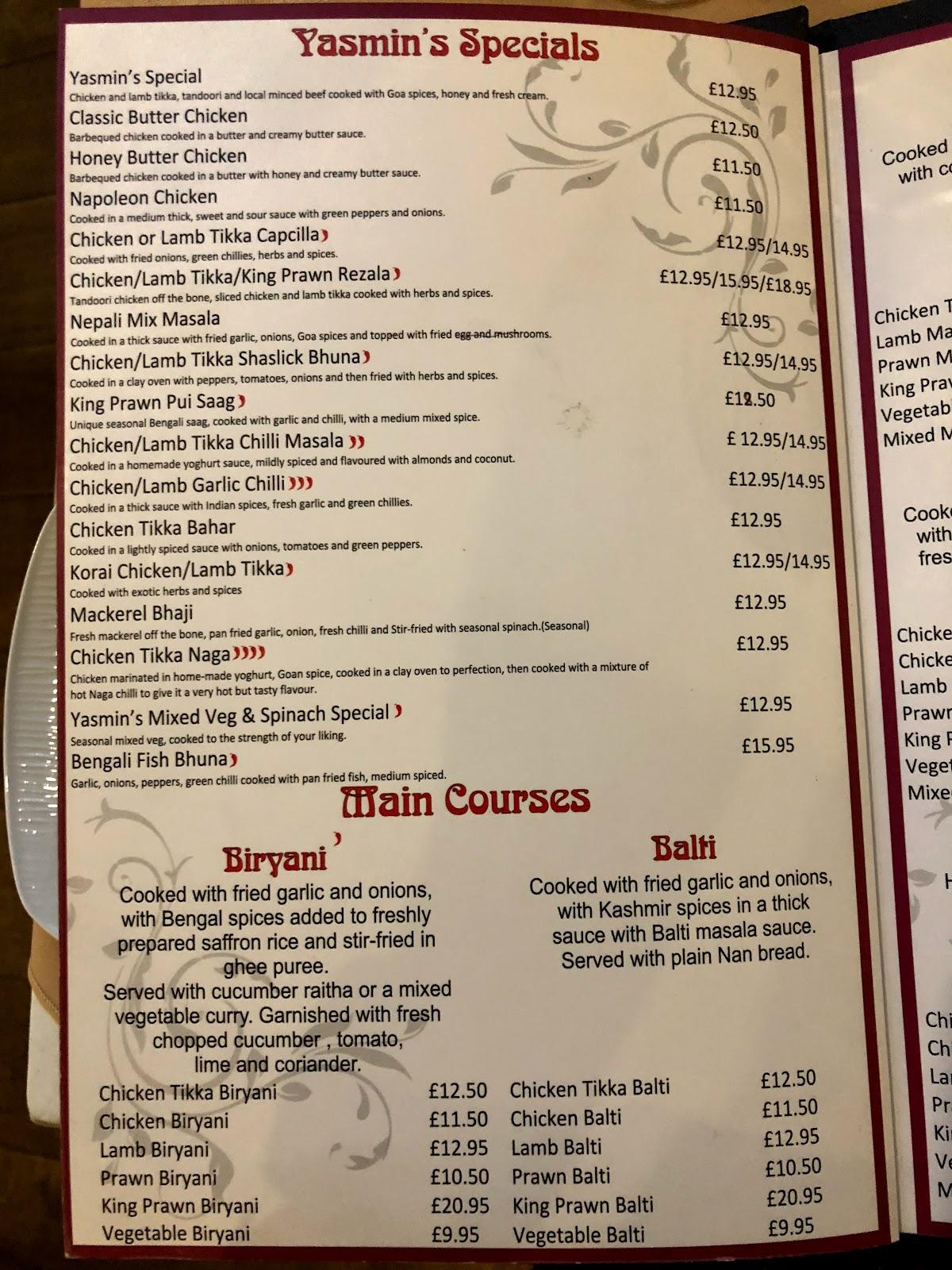Menu at Yasmins restaurant, Newcastle Emlyn, Old Cawdor Hotel Sycamore