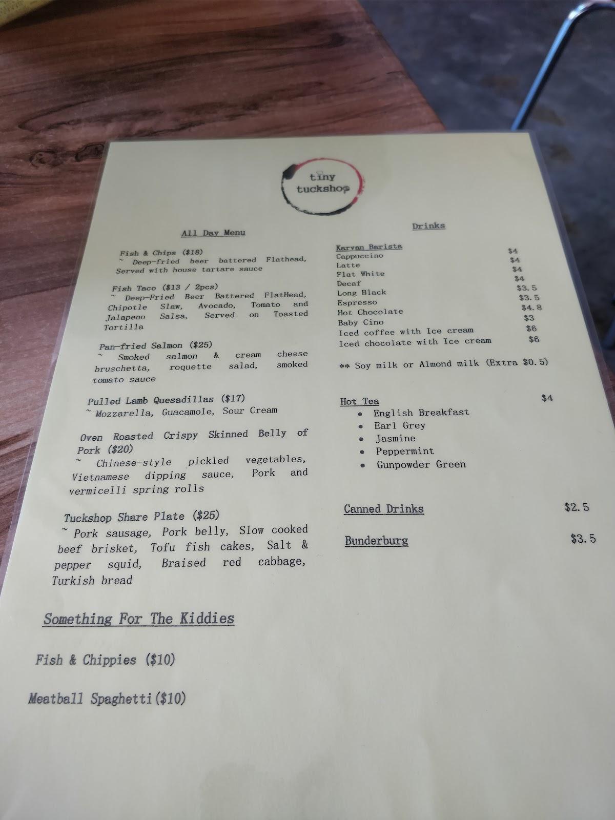 Menu at Tiny Tuckshop restaurant, Willetton