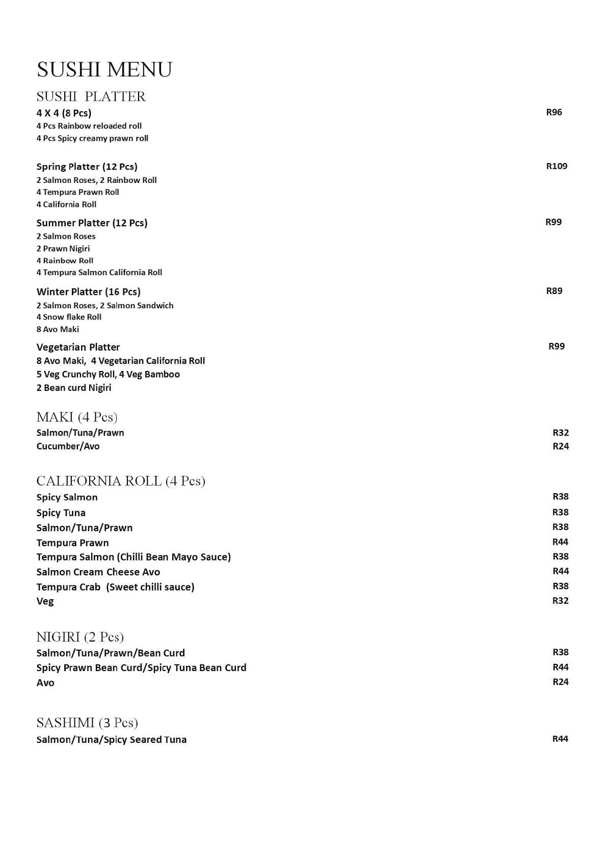 Menu at Hamachi meadowridge restaurant, Cape Town