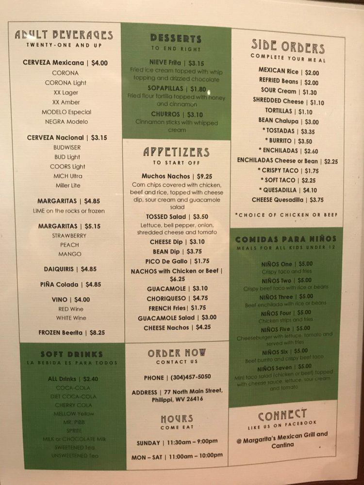 Menu at Margarita's Mexican Grill and Cantina pub & bar, Philippi