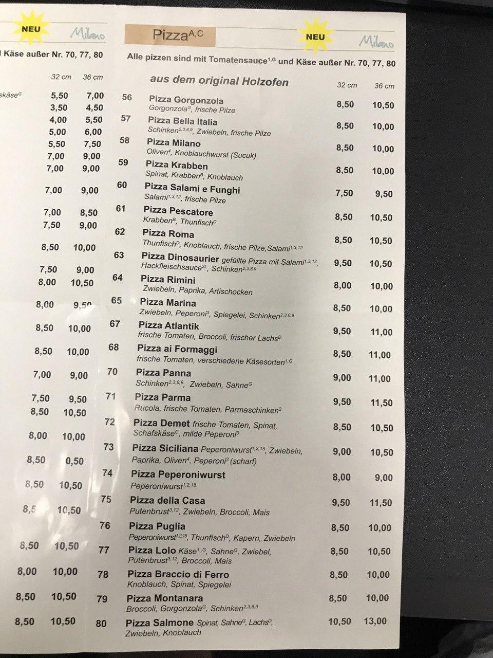 Speisekarte von Pizzeria Milano Holzofen Pizza Restaurant und
