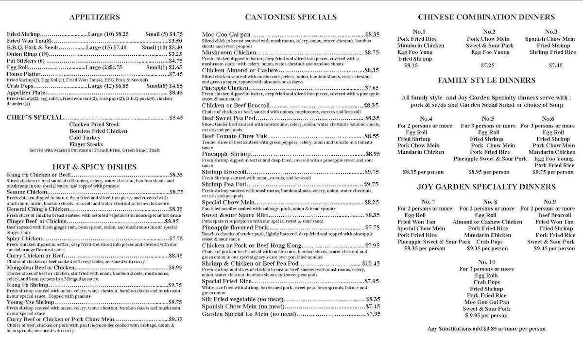 Menu at Joy Garden restaurant, Meridian