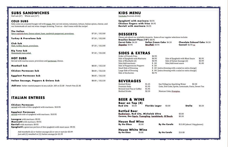 Menu at Oceanside Pizza Melbourne Beach Florida pizzeria, Melbourne