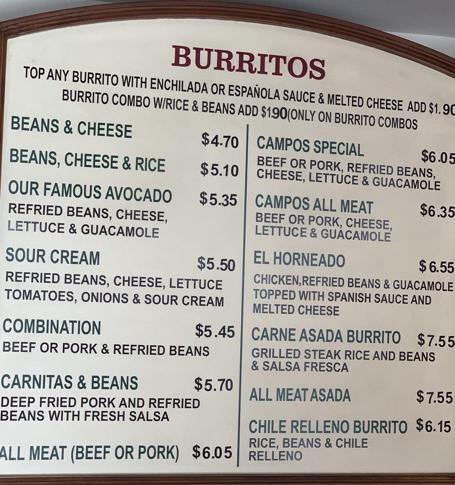 Menu at Campos Famous Burritos restaurant, Simi Valley