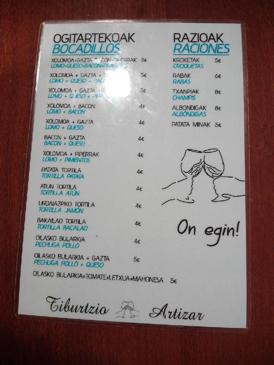 Menu At Artizar Taberna Pub Bar Lasarte Oria