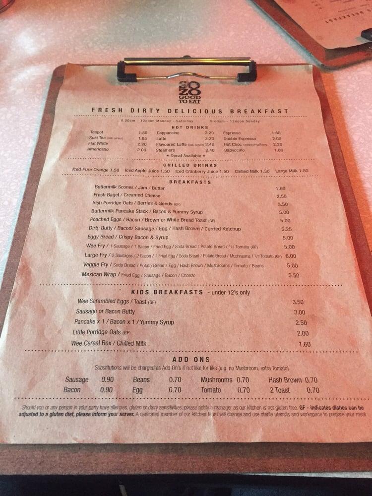 Menu at Sozo Antrim Road cafe, Belfast, 449 Antrim Rd