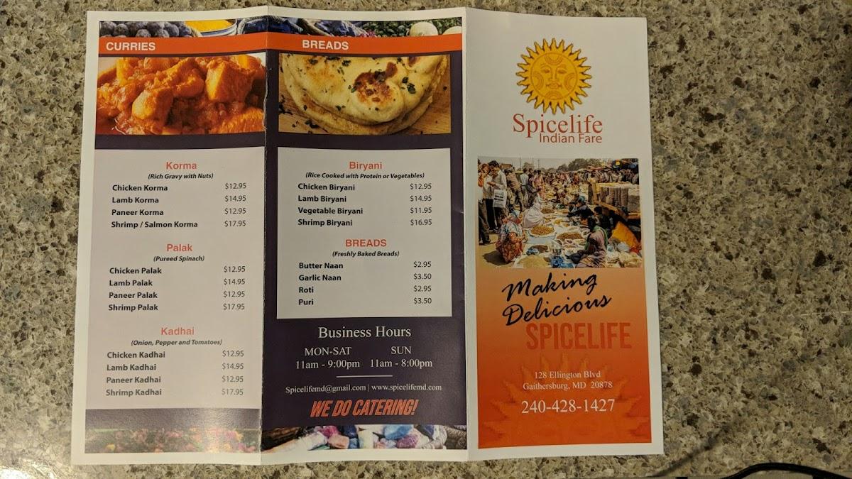 Menu at Spicelife restaurant, Gaithersburg
