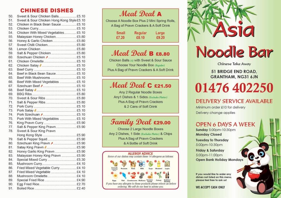 Menu at Asian Noodle Bar, Grantham, 51 Bridge End Rd
