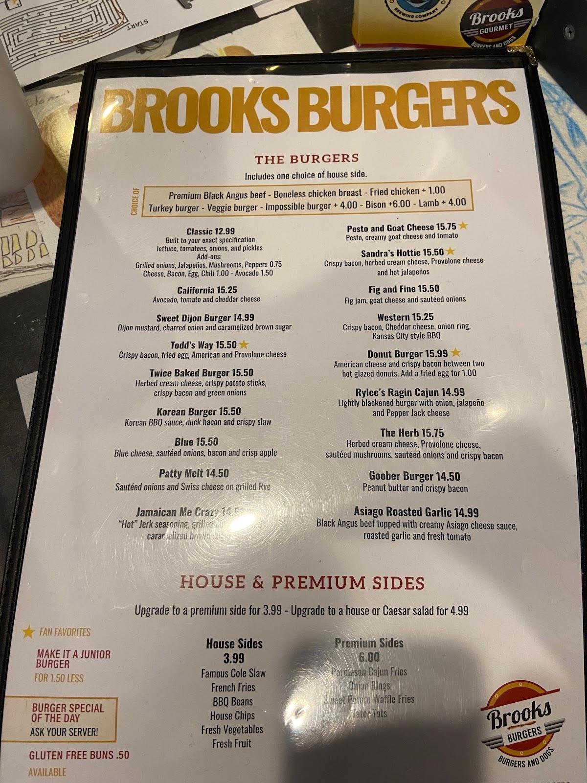 Menu at Brooks Burgers restaurant, Naples, 330 9th St S