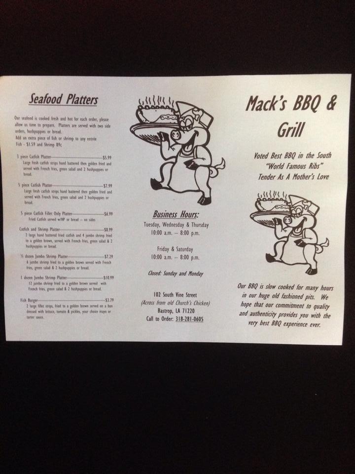 Menu at Mack's BarBQue & Grill, Bastrop