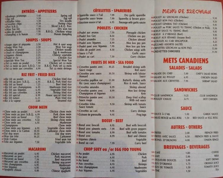 Menu au Buffet chinois Chez Song restaurant, Contrecoeur