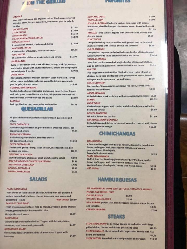 Menu at Gonzalez mexican restaurant, Haynesville