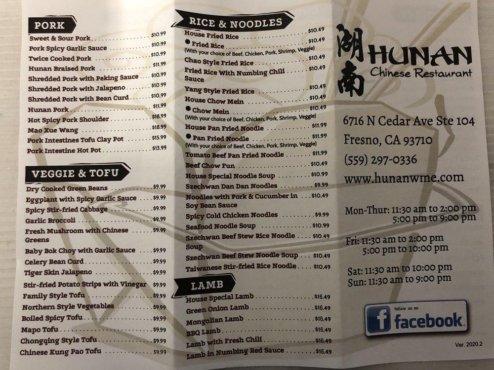 Menu at Hunan Chinese Restaurant, Fresno, N Cedar Ave Ste 104