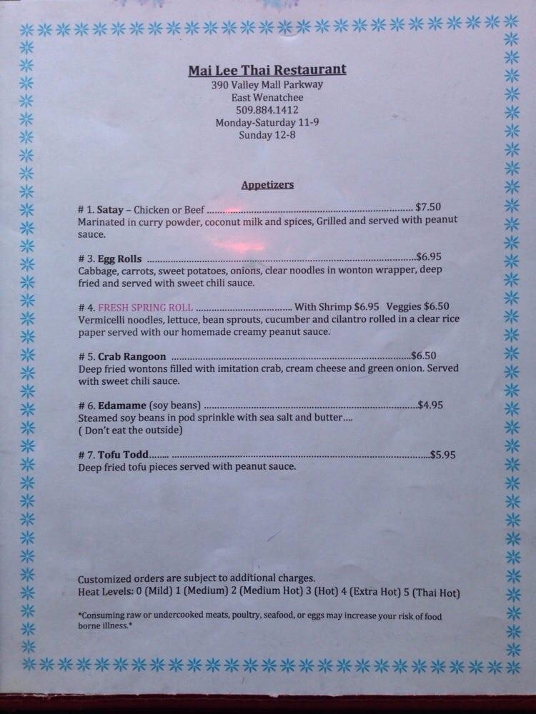 Menu at Mai Lee Thai Restaurant, East Wenatchee