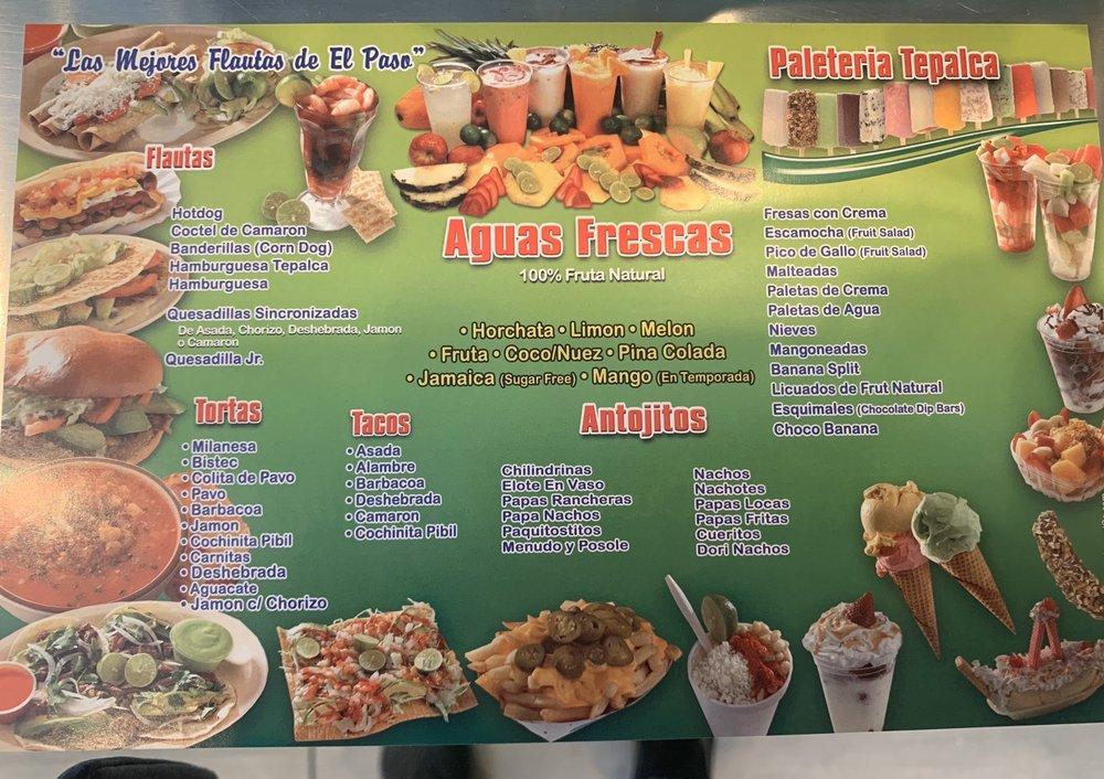 Menu at Flautas y Paleteria Tepalca restaurant, El Paso, Doniphan Dr