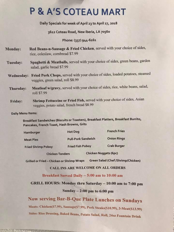 Menu at P & A's Coteau Mart restaurant, USA