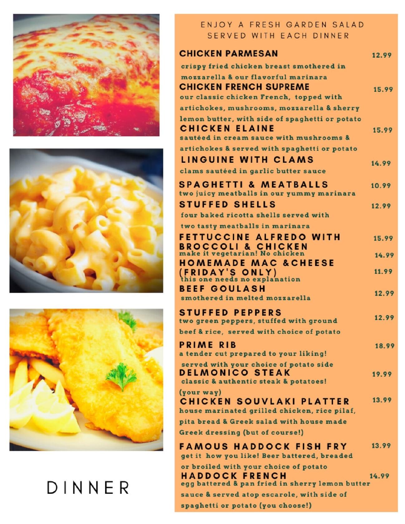 Menu at Pixley's restaurant, Rochester