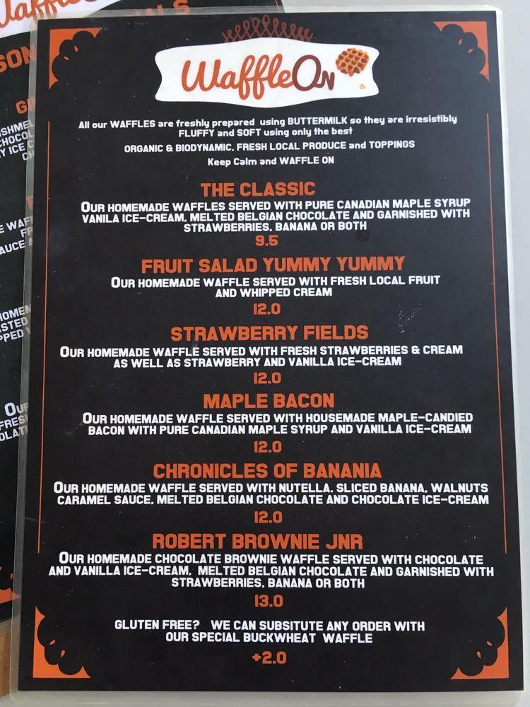 Menu at Waffle On Cairns cafe, Cairns City