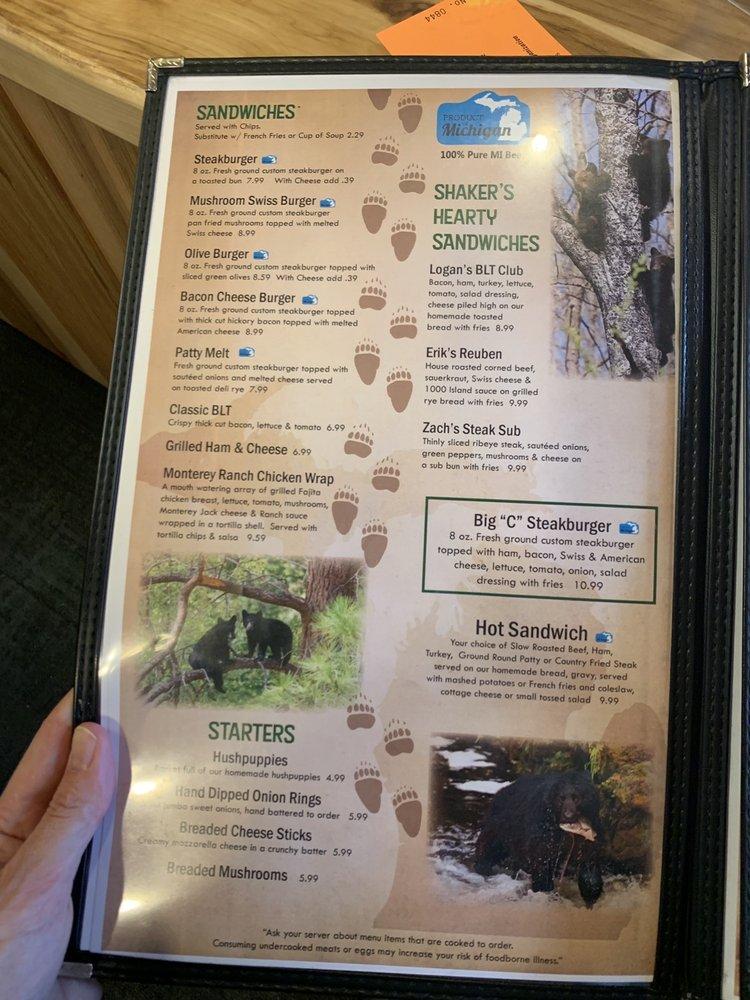 Menu at Shaker's Restaurant, Houghton Lake