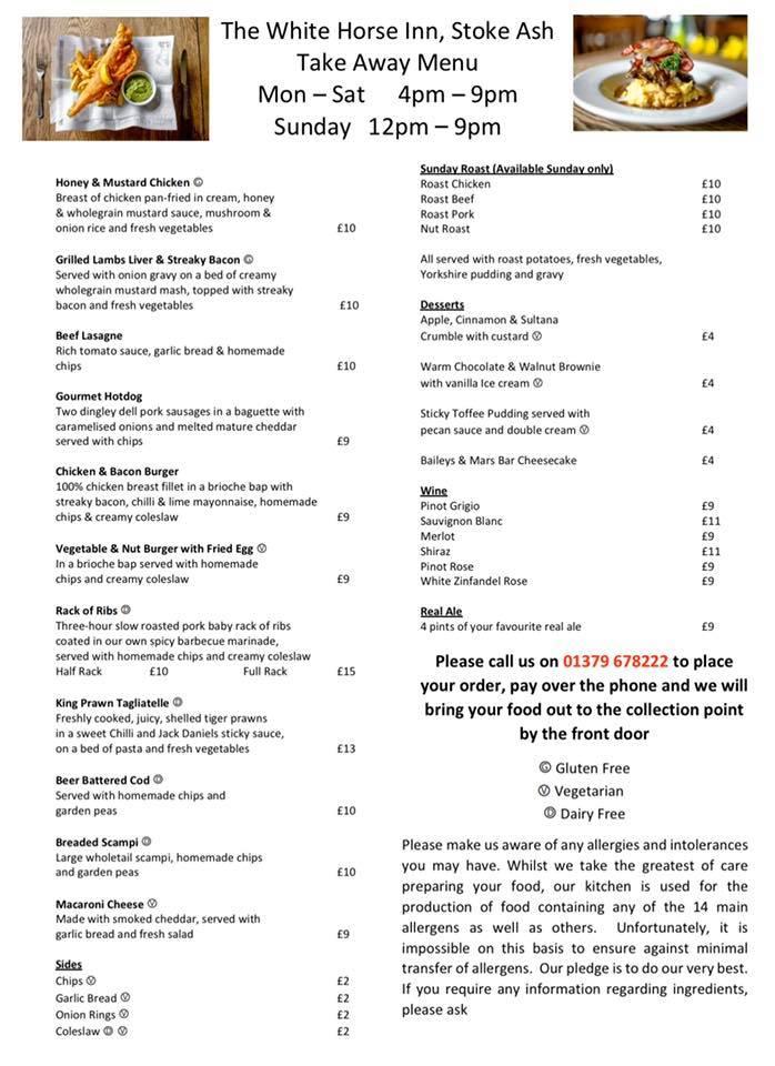 Menu at The White Horse Inn restaurant, Eye