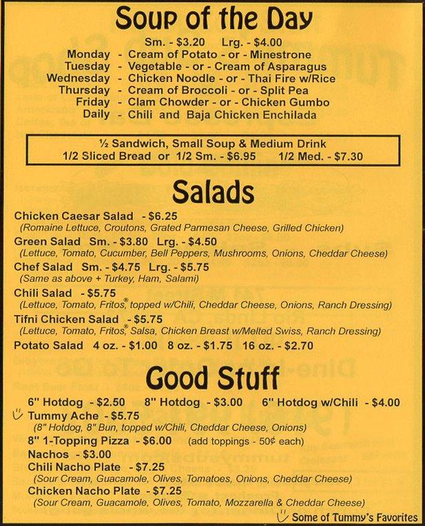 Menu at Tummy's Sub Shop pizzeria, Rio Linda