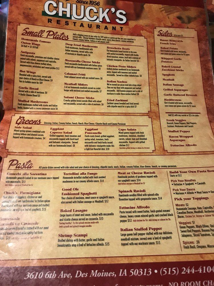 Menu at Chuck's Restaurant, Des Moines