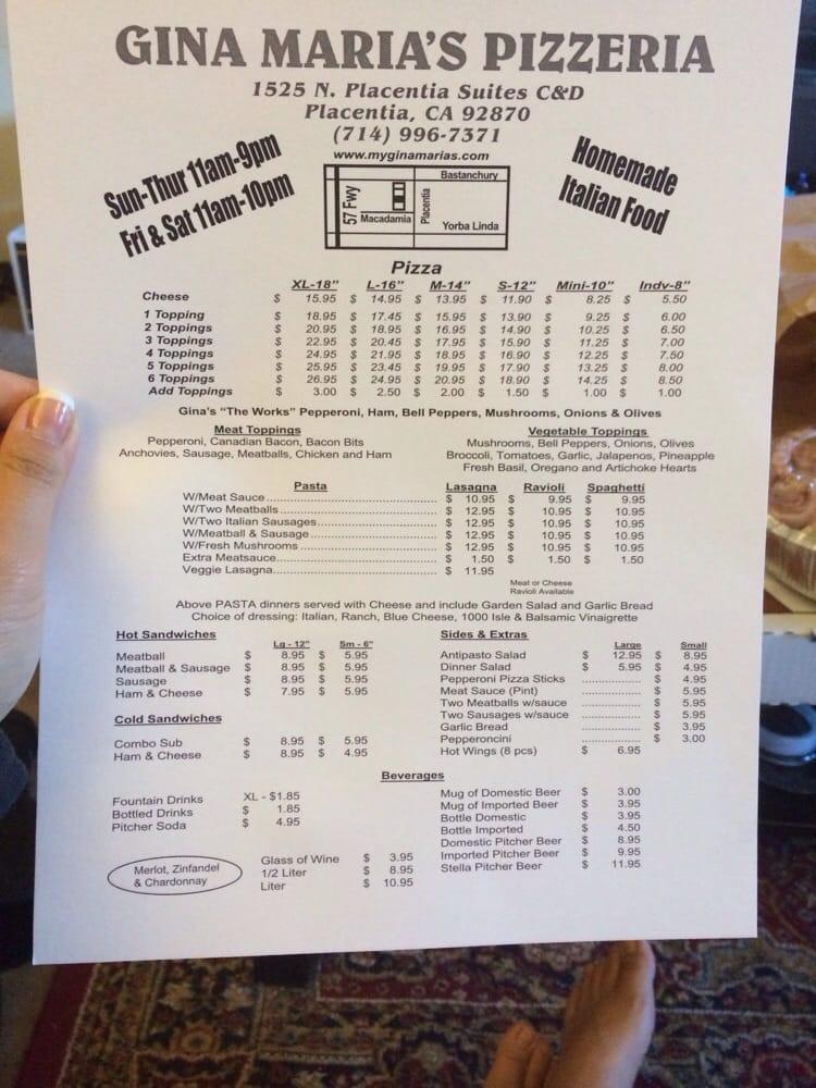 Carta de Gina Maria's Pizzeria, Placentia