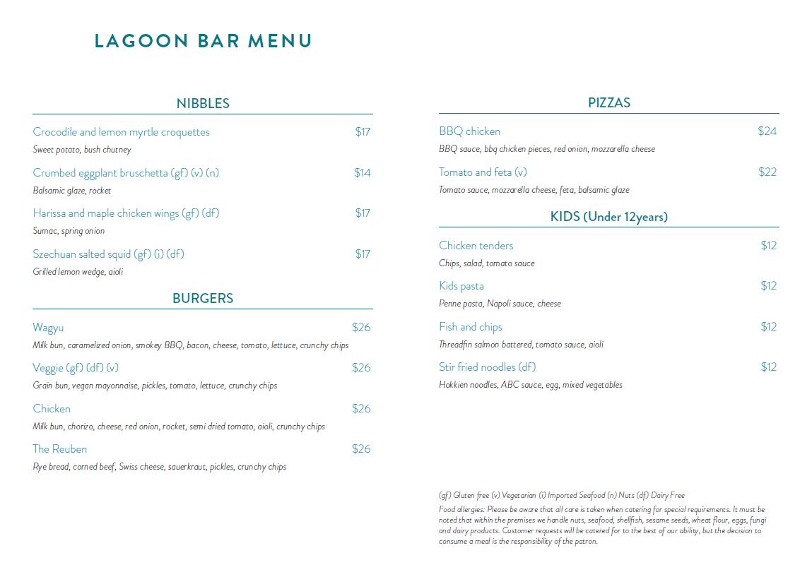 Menu at Lagoon Bar, The Gardens