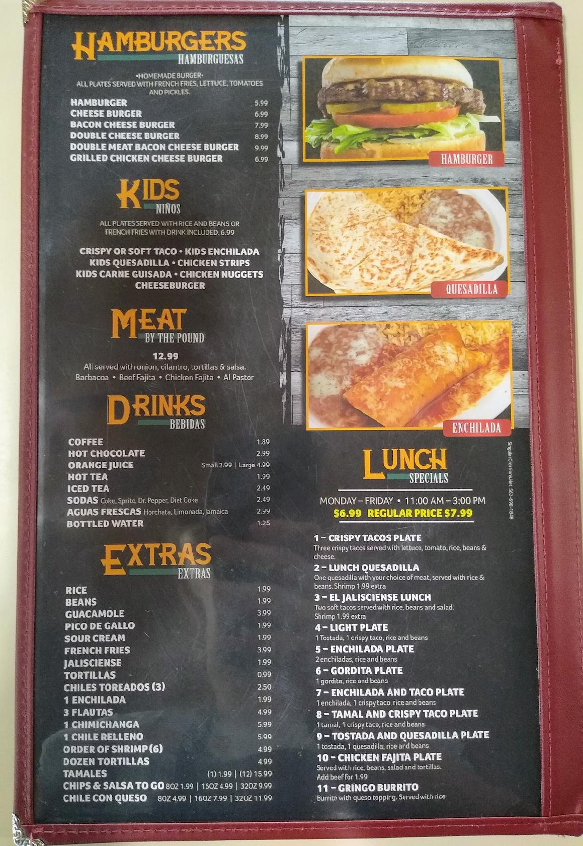 Menu at TAQUERIA JALISIENSE restaurant, Lott