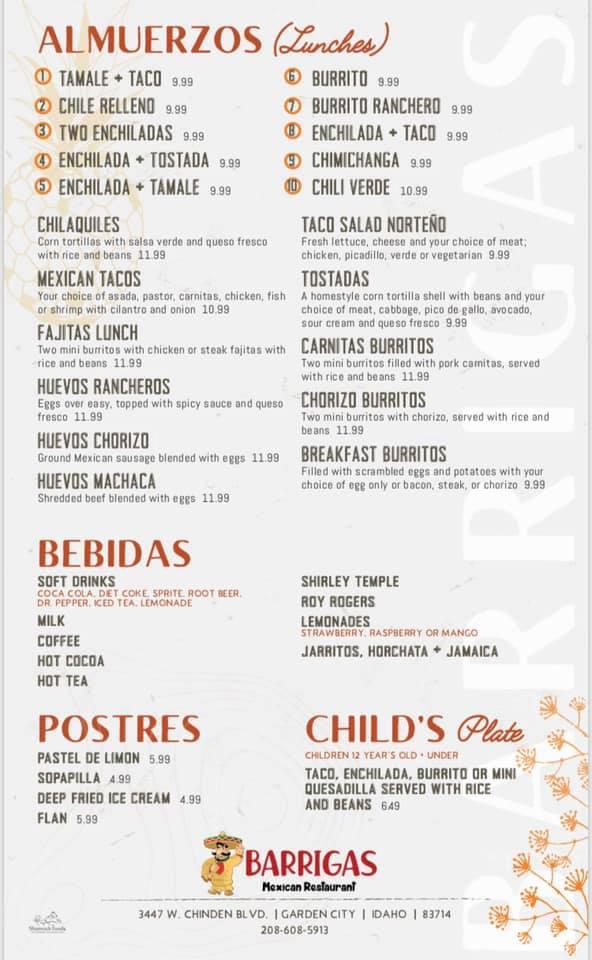 Menu at Barrigas Mexican Restaurant, Garden City