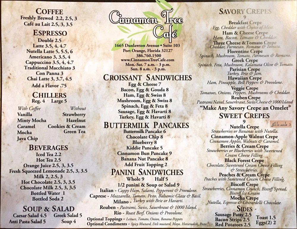 Menu at Cinnamon Tree Cafe, Port Orange