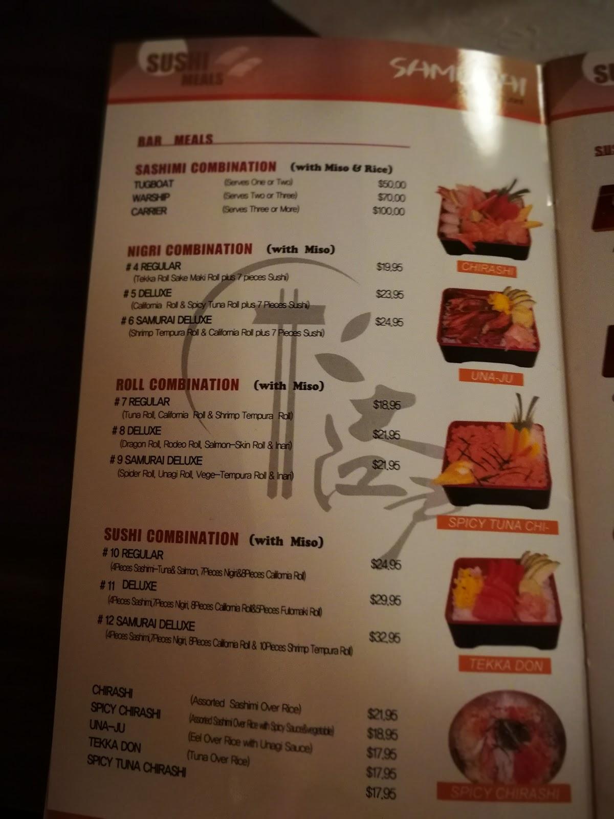 Menu at Samurai Japanese Restaurant, Salinas