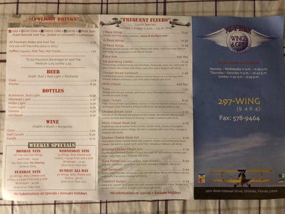 Menu at Flyers Wings & Grill restaurant, Orlando, W Colonial Dr