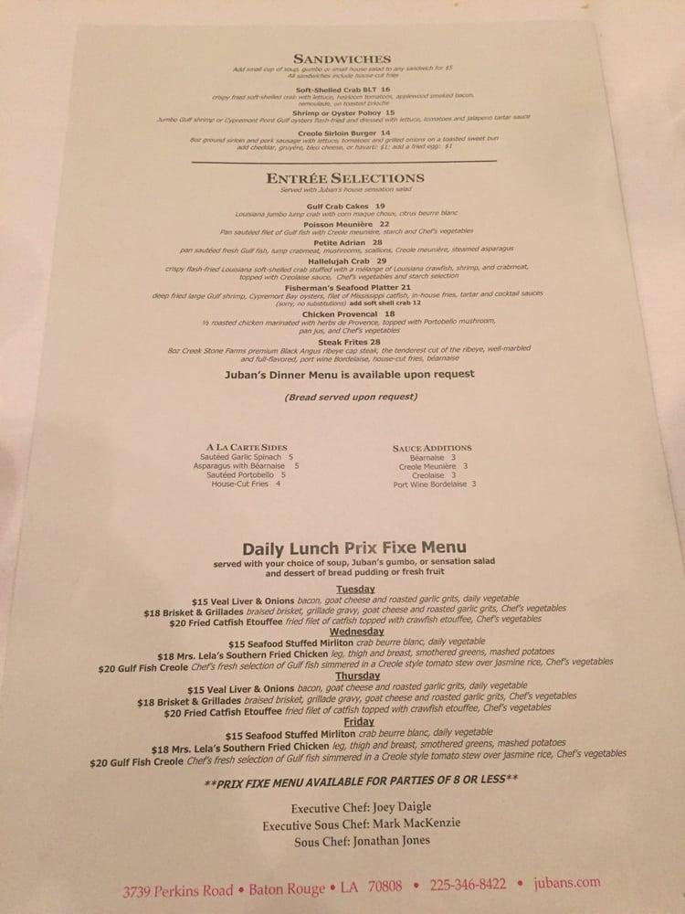 Menu at Jubans Restaurant & Bar, Baton Rouge