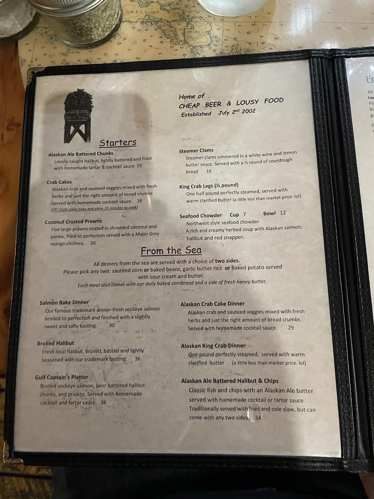 Menu at Exit Glacier Salmon Bake restaurant, Seward, Herman Leirer Rd
