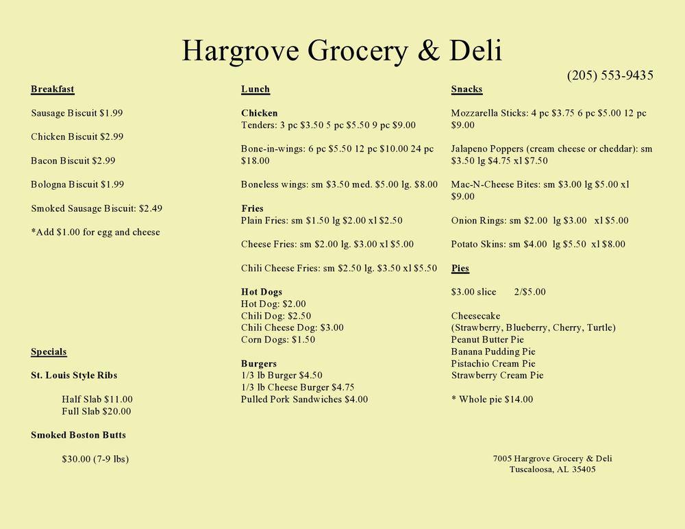 Menu at Hargrove Grocery & Deli, Tuscaloosa