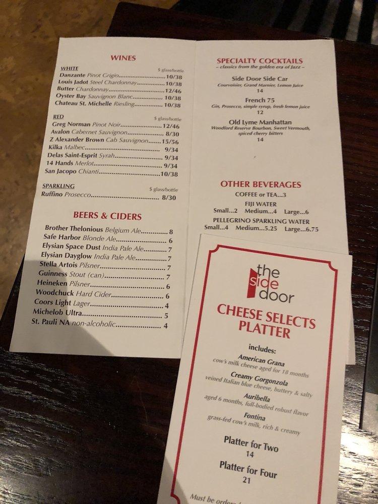 Menu at The Side Door Jazz Club, Old Lyme