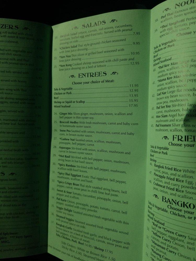 Menu at Bangkok Thai Cuisine II restaurant, Dennis