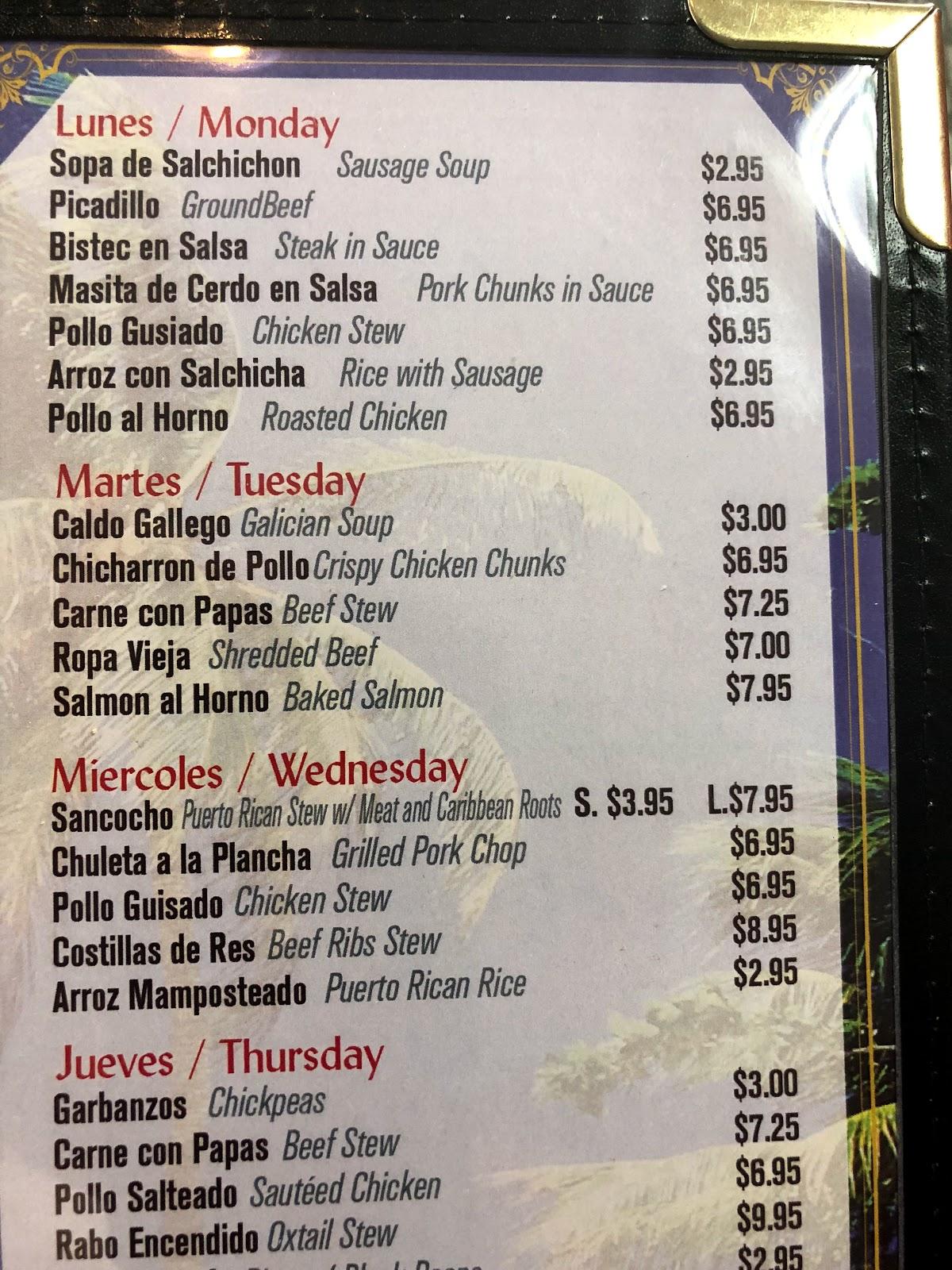 Menu at Isla Bonita restaurant, West New York