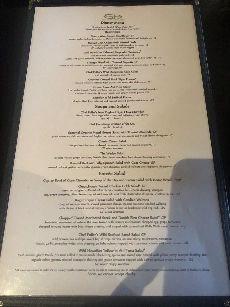 Menu at Greenhouse Restaurant, Gig Harbor