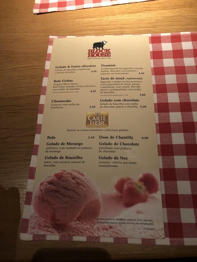 Menu at Block House BBQ, Lisbon