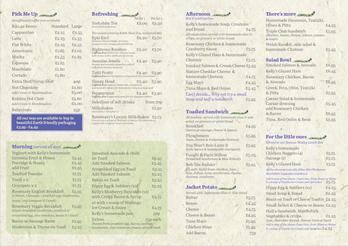 Menu at Rosemary on the Park cafe, Preston