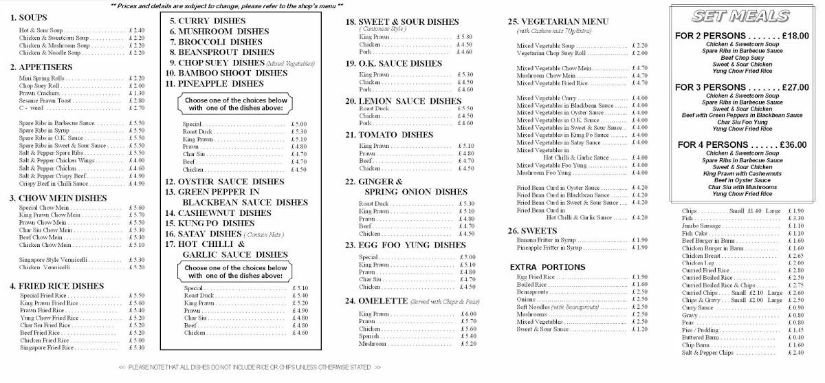Menu at Sun Sun restaurant, Manchester, 408 Wilbraham Rd