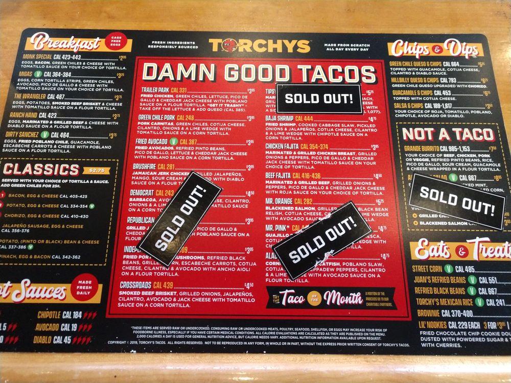 Menu at Torchy's Tacos restaurant, College Station