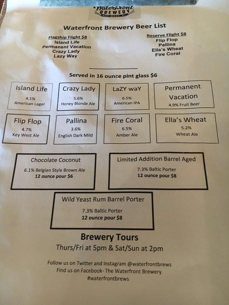 Menu at The Waterfront Brewery pub & bar, Key West