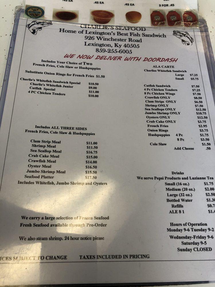 Menu at Charlie's Fresh Seafood restaurant, Lexington